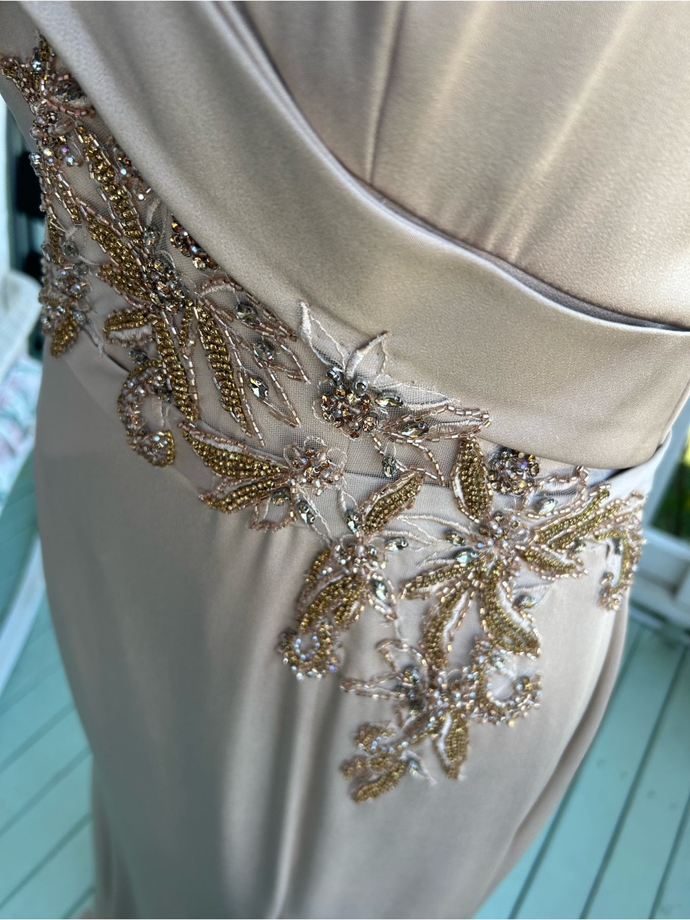 Mon Cheri Champagne Satin Embellished Maxi Dress - Picture 3 of 7